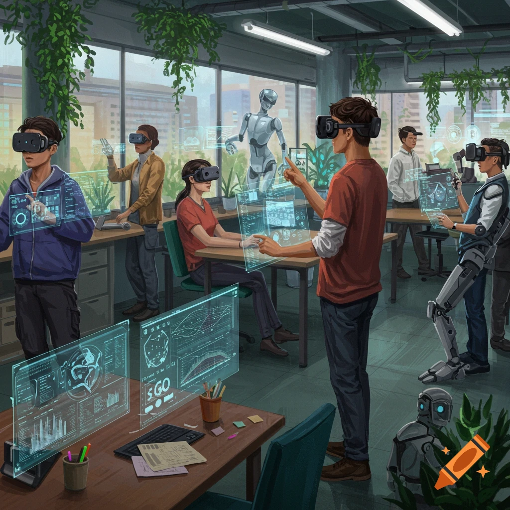 People in VR headsets interacting with futuristic holographic interfaces and robots in an office.