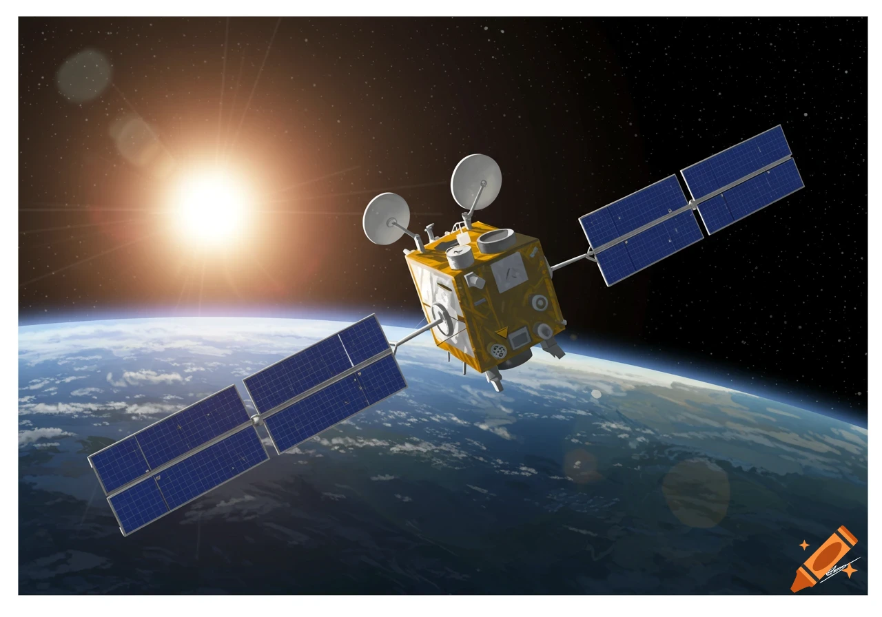 A satellite in orbit above Earth with the sun in the background.