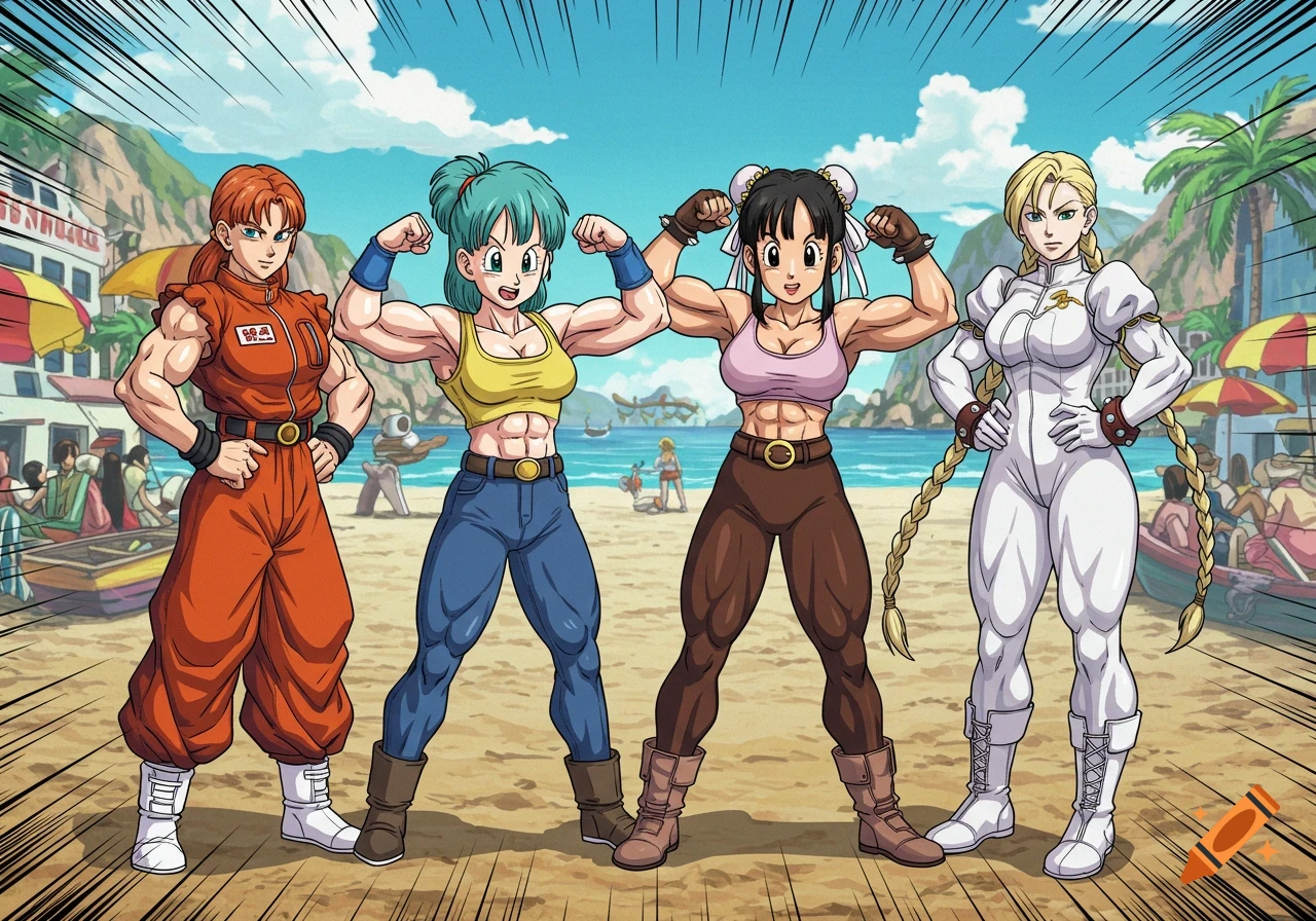 Four muscular anime women from Dragon Ball Z and Street Fighter flex on a beach