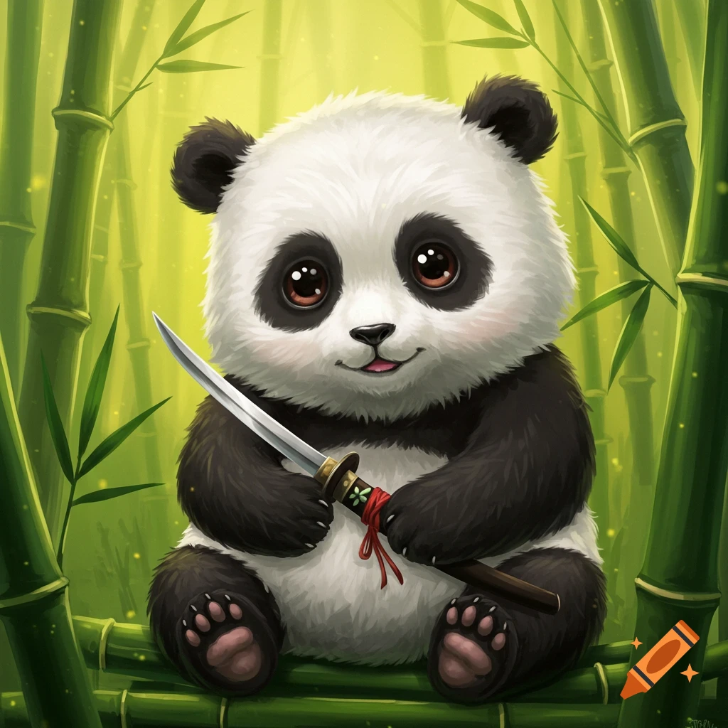 A cute panda sits in a bamboo forest holding a small sword.