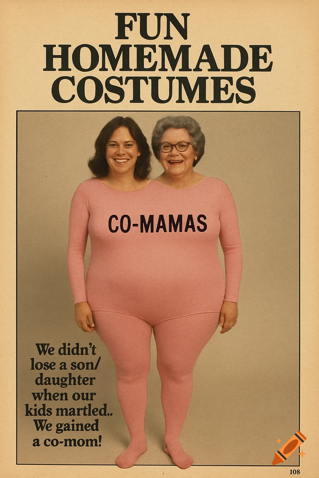 Two women in a pink homemade costume creating a two-headed illusion like a vintage magazine ad.