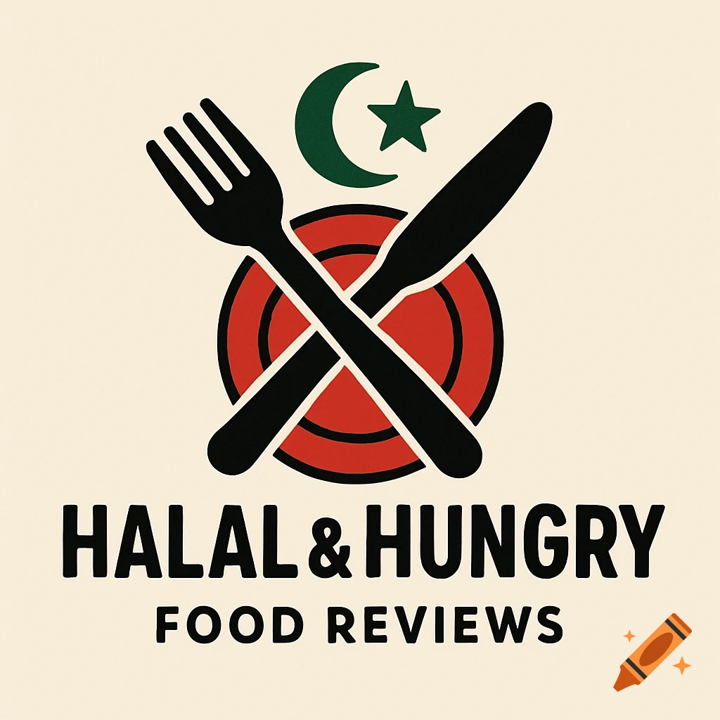 Logo with crossed fork and knife, red plate, green crescent and star, and text 'HALAL & HUNGRY FOOD REVIEWS' on a cream background.