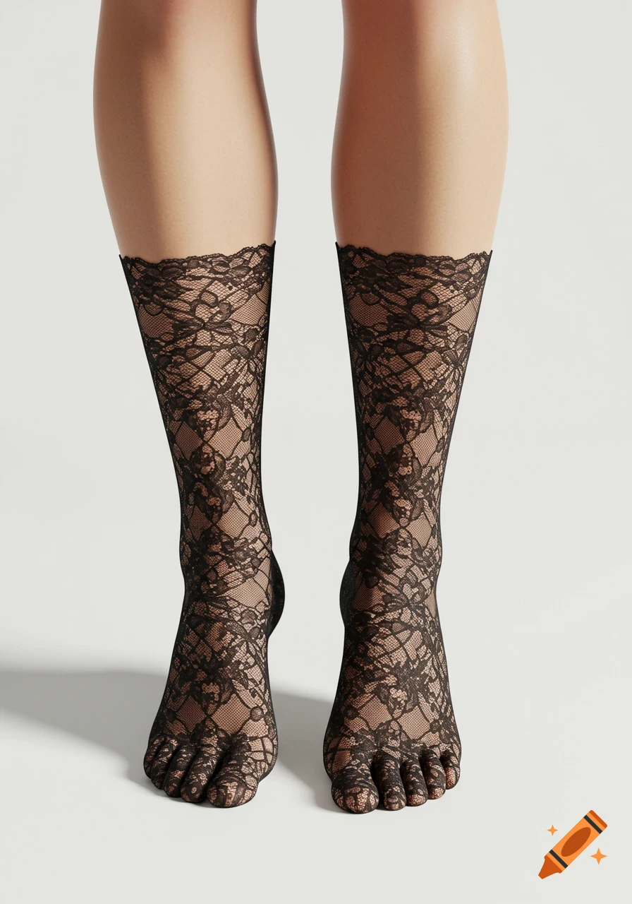 Close-up of legs and feet wearing black lace ankle socks against a white background