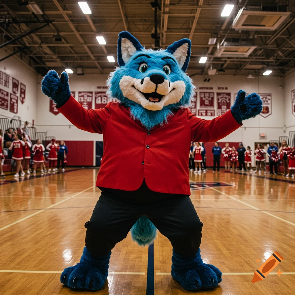 A blue fox school mascot wearing a red jacket and black pants stands in a gymnasium giving a thumbs up.
