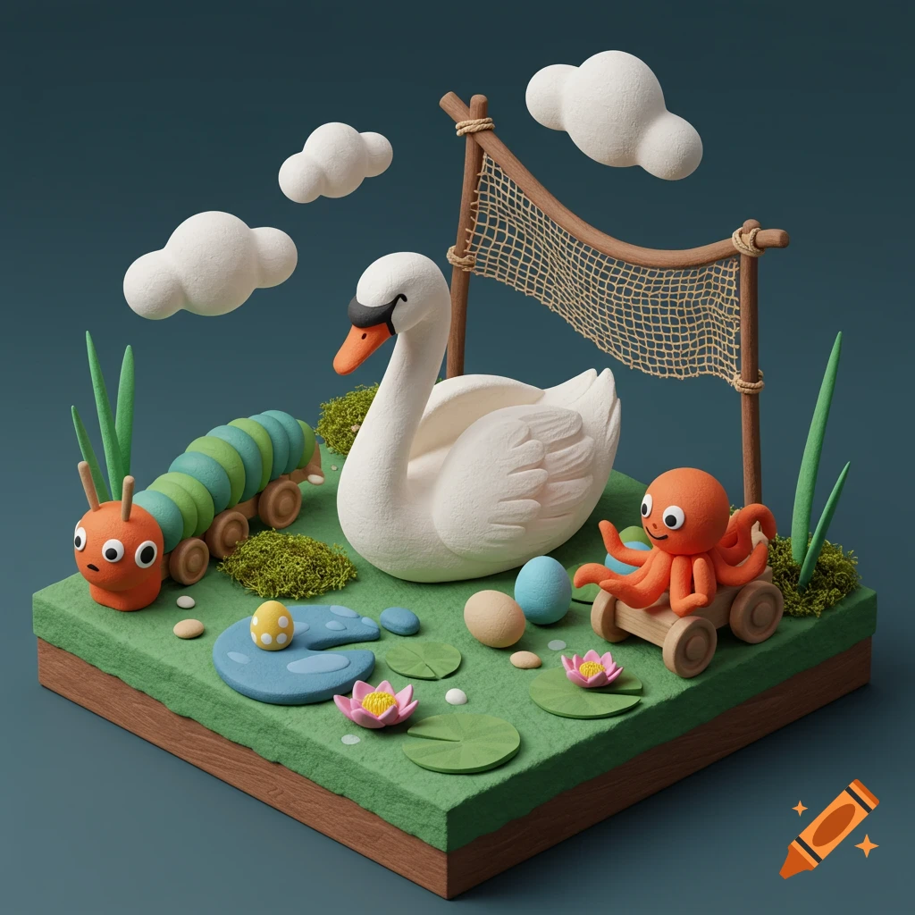 A claymation diorama featuring a swan, caterpillar, octopus, lily pads, eggs, clouds, and a net structure.