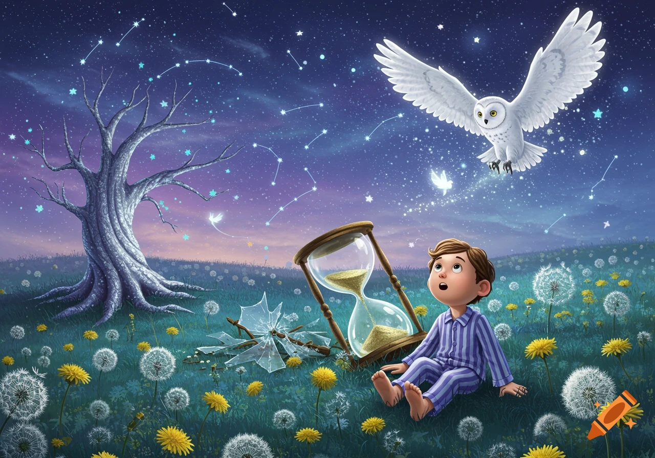 Illustration of a boy sitting beside a shattered hourglass, looking up at a flying owl under a starry sky.