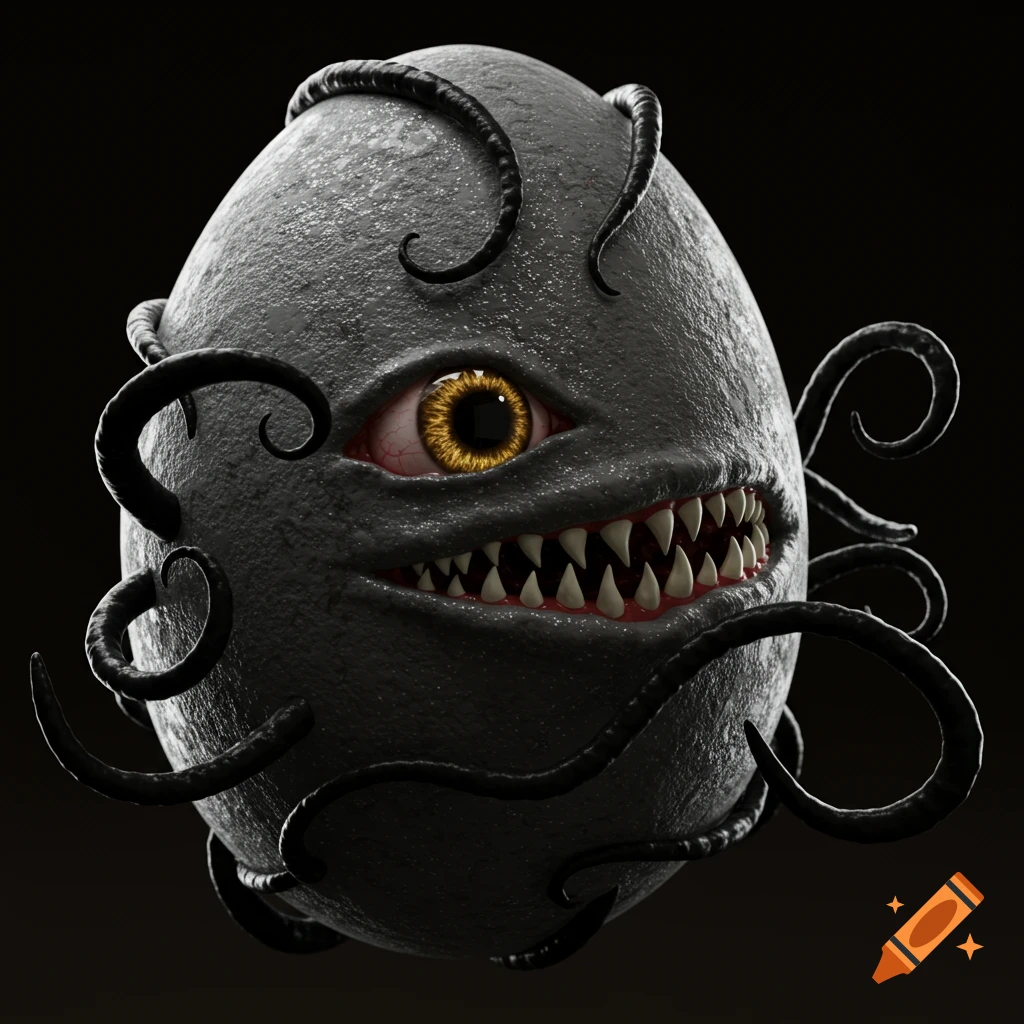 A 3D render of a gray monster egg with tentacles, one eye, and sharp teeth.