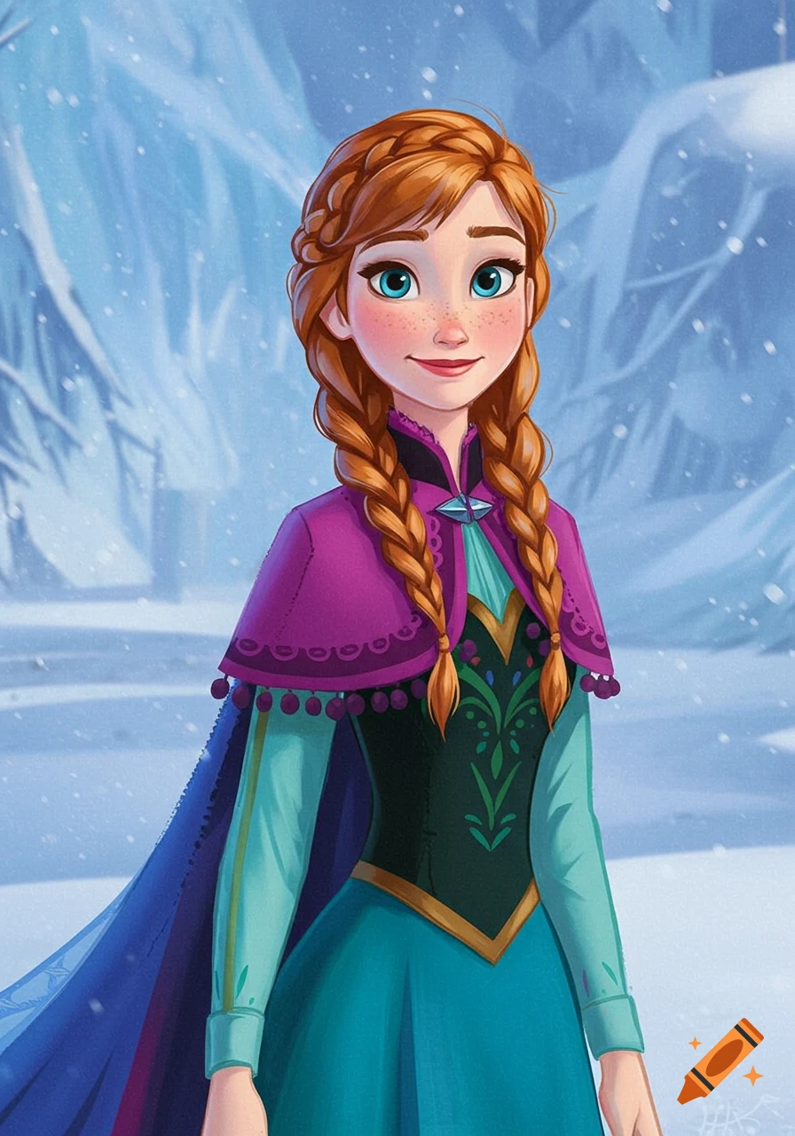 Illustration of Anna from Frozen standing in a snowy landscape.