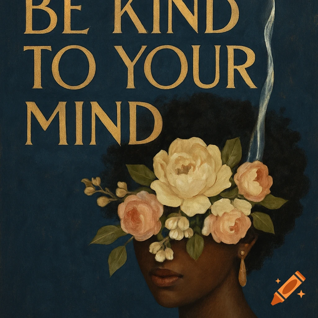 Painterly portrait of a Black woman with flowers covering her face, text 'BE KIND TO YOUR MIND' above.