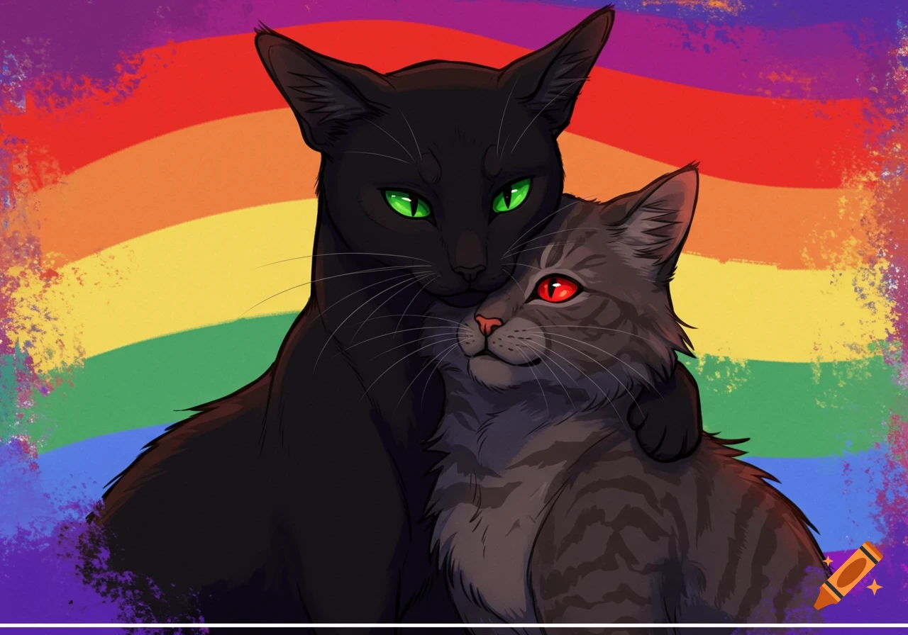 Two cats cuddling in front of a pride flag.