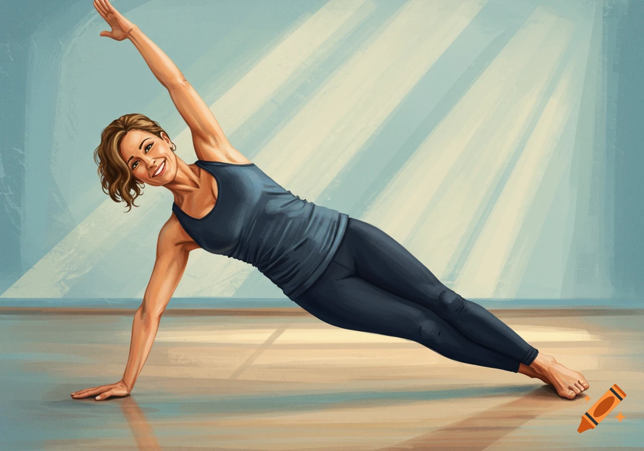 Digital painting of a woman doing a side plank pose in a studio.