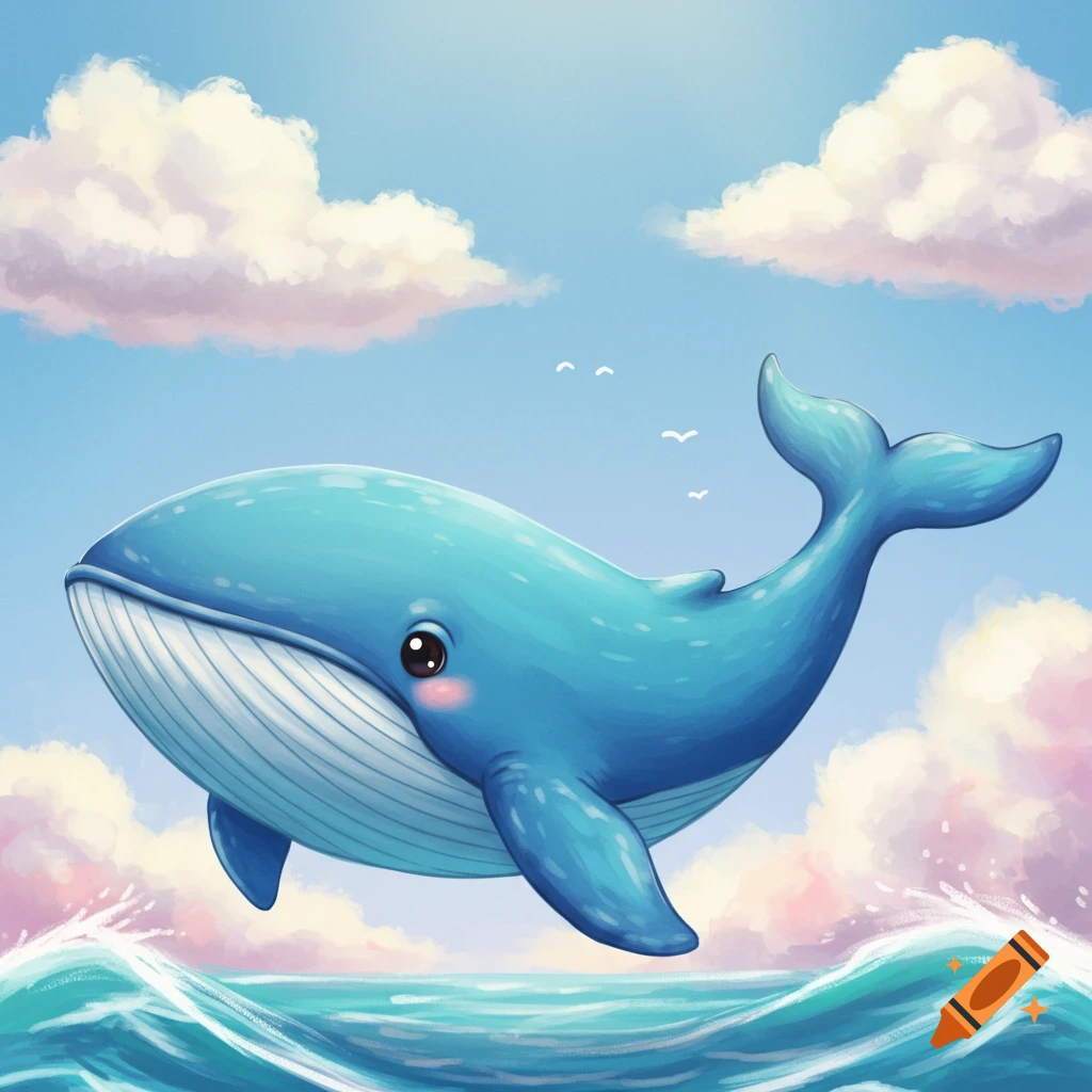 A cute cartoon whale jumps out of the water under a cloudy sky. on Craiyon, image size:1024x1024