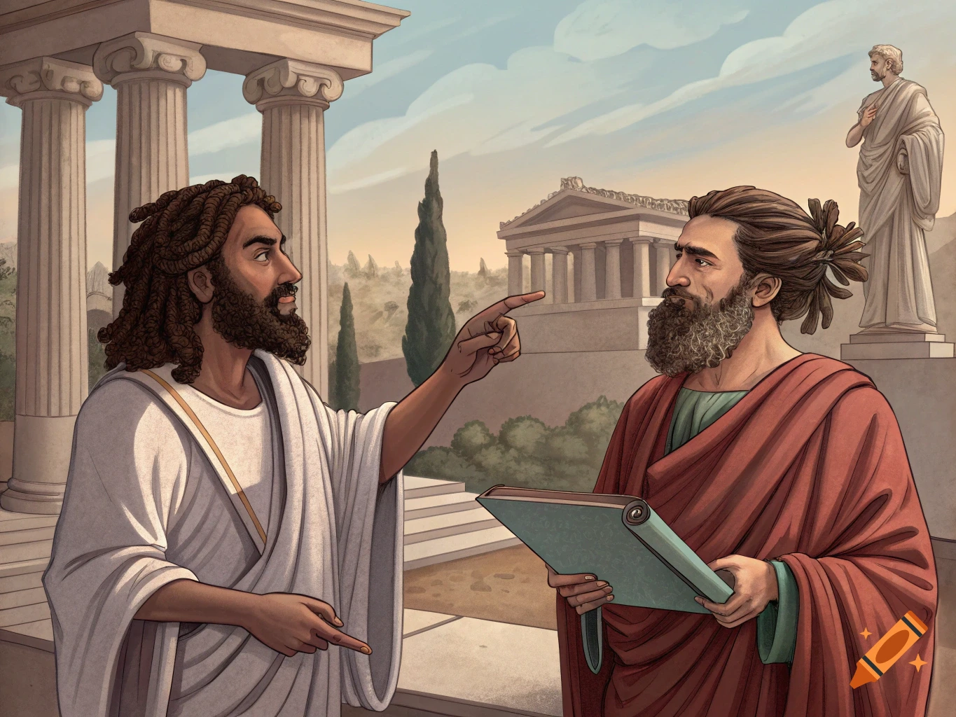 Two ancient Greek philosophers debate outside a temple.
