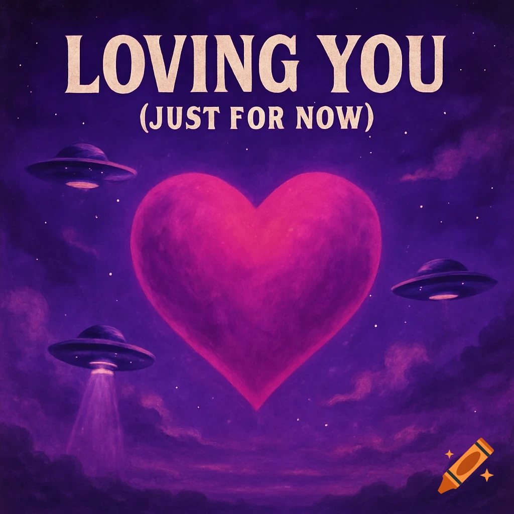 A large pink heart floats in a purple sky with UFOs and text reading Loving You (just for now).