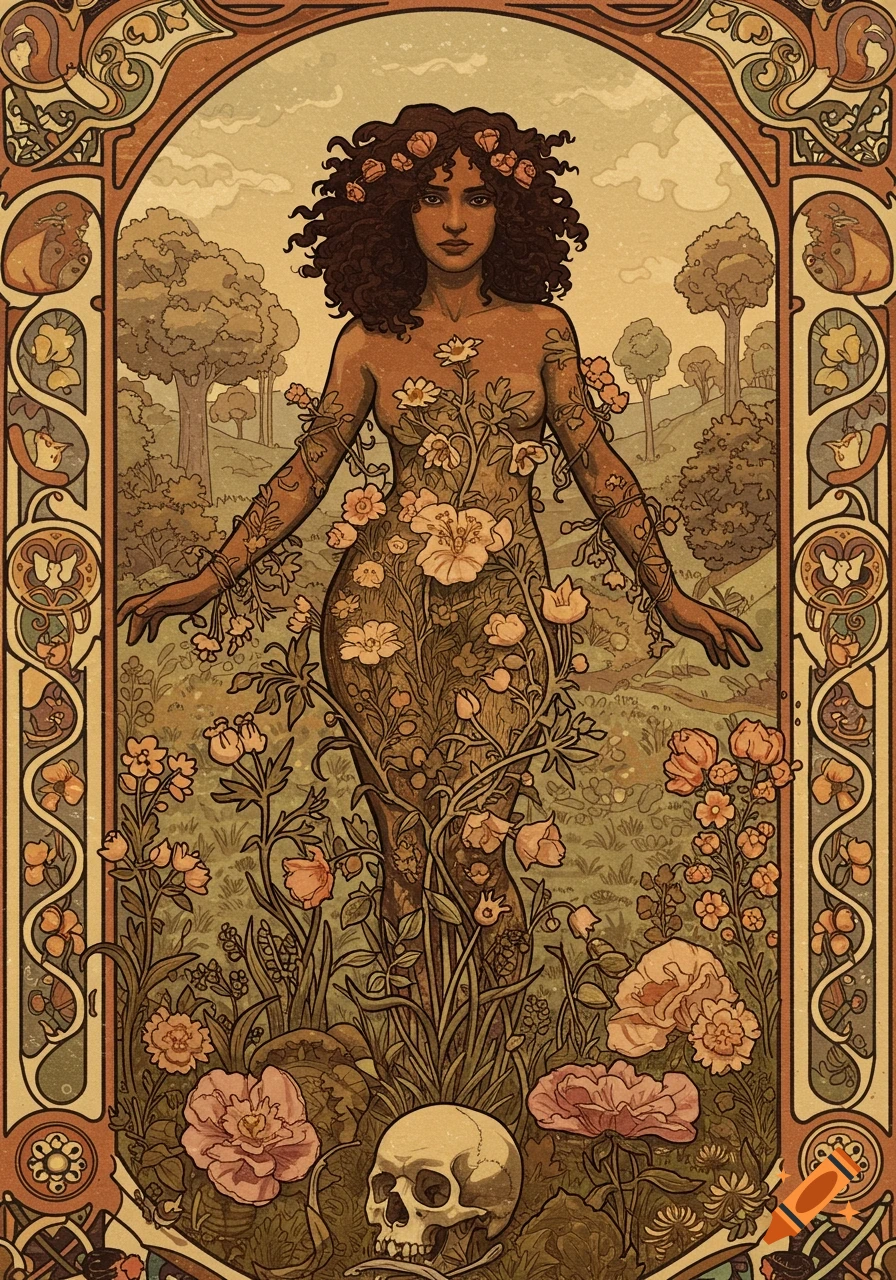Art Nouveau style illustration of a woman covered in flowers in a field with a skull, surrounded by an ornate border.