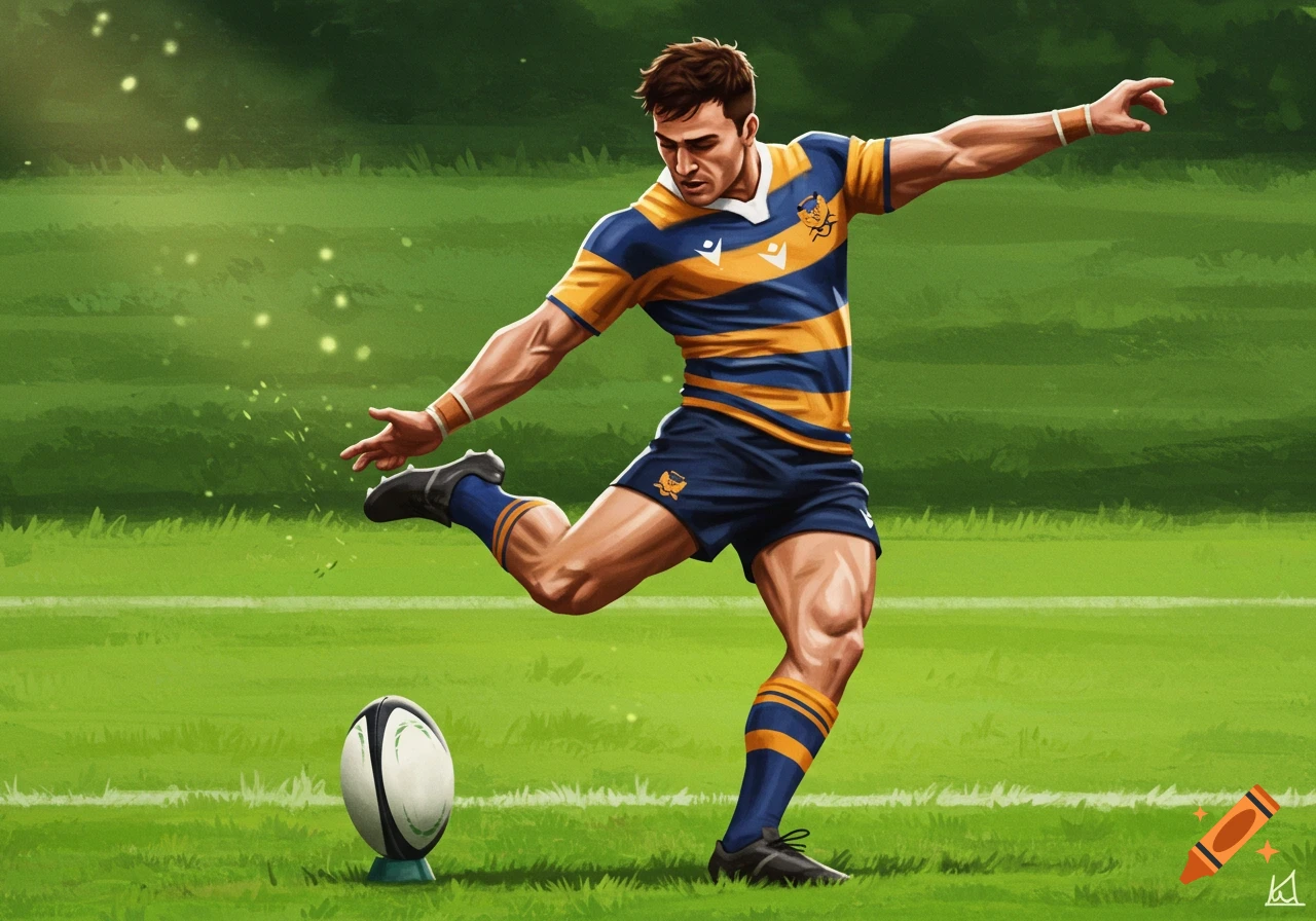 An illustration of a rugby player kicking a ball on a grassy field.
