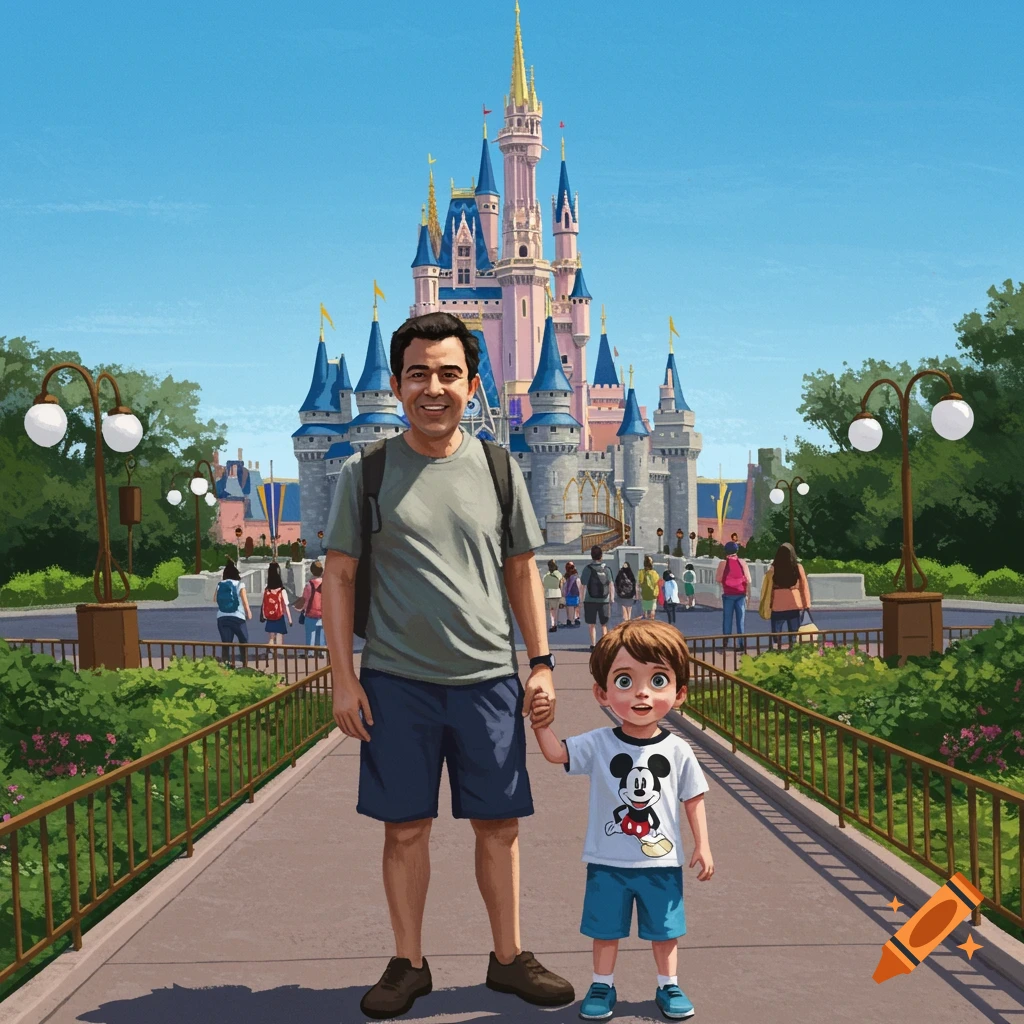 Illustration of a father and son holding hands on a path in front of a pink and blue castle.