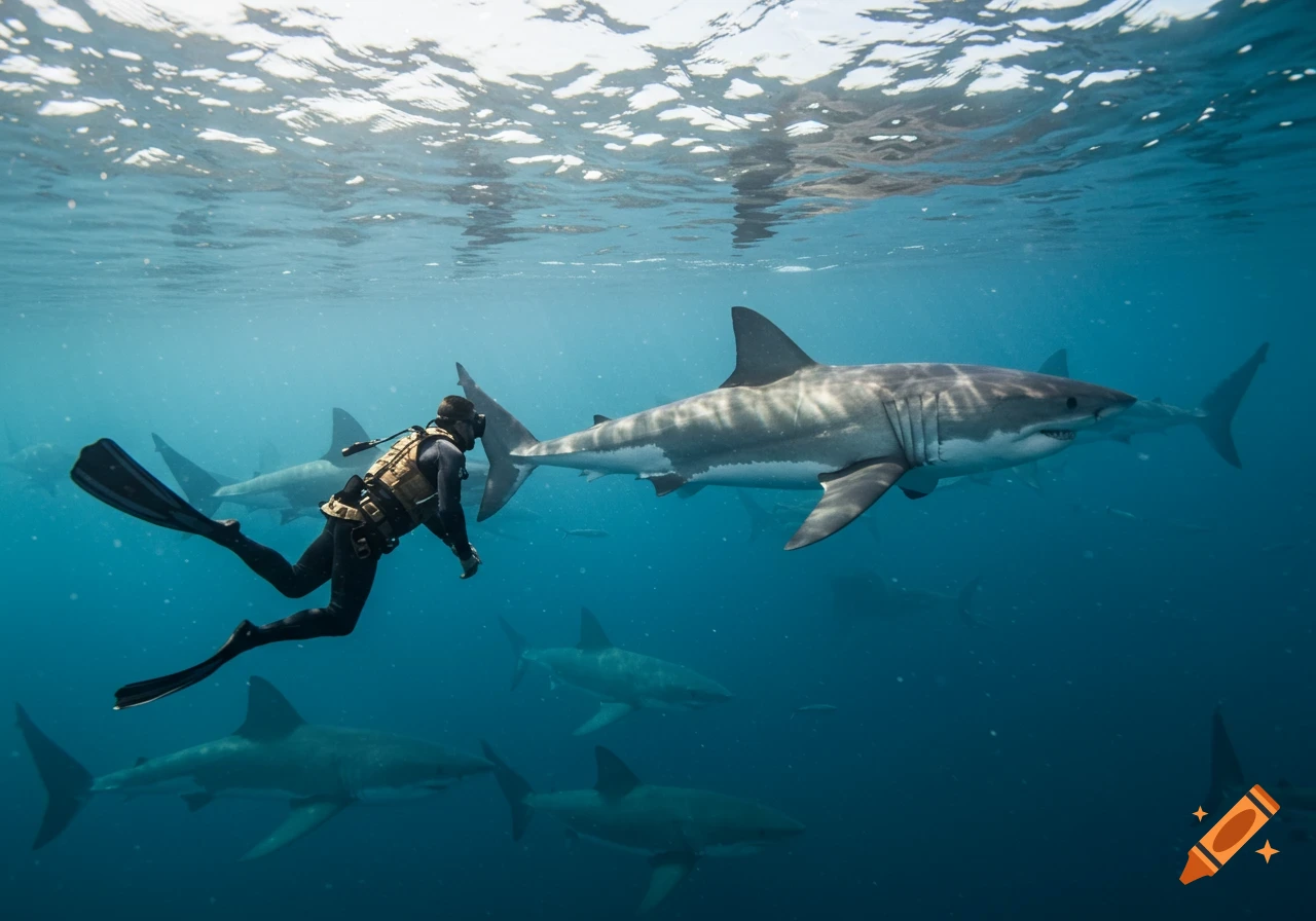 A diver swims underwater among several large sharks.