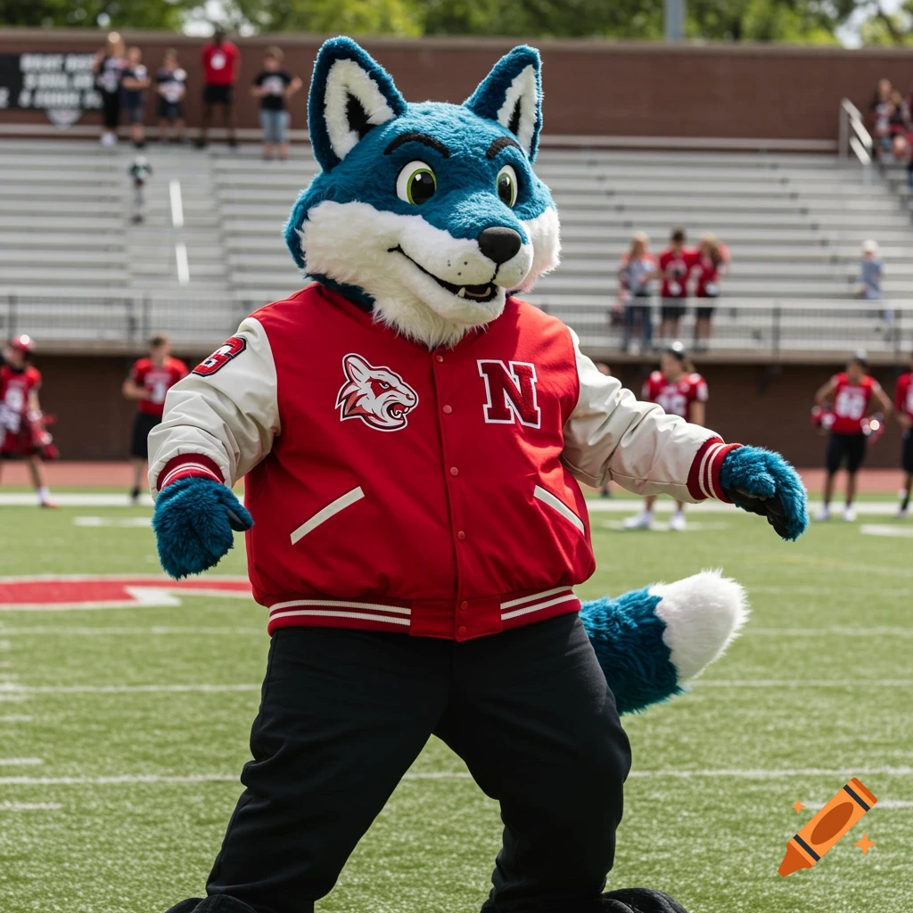 A person in a blue fox mascot costume wearing a red and white jacket and black pants stands on a football field.