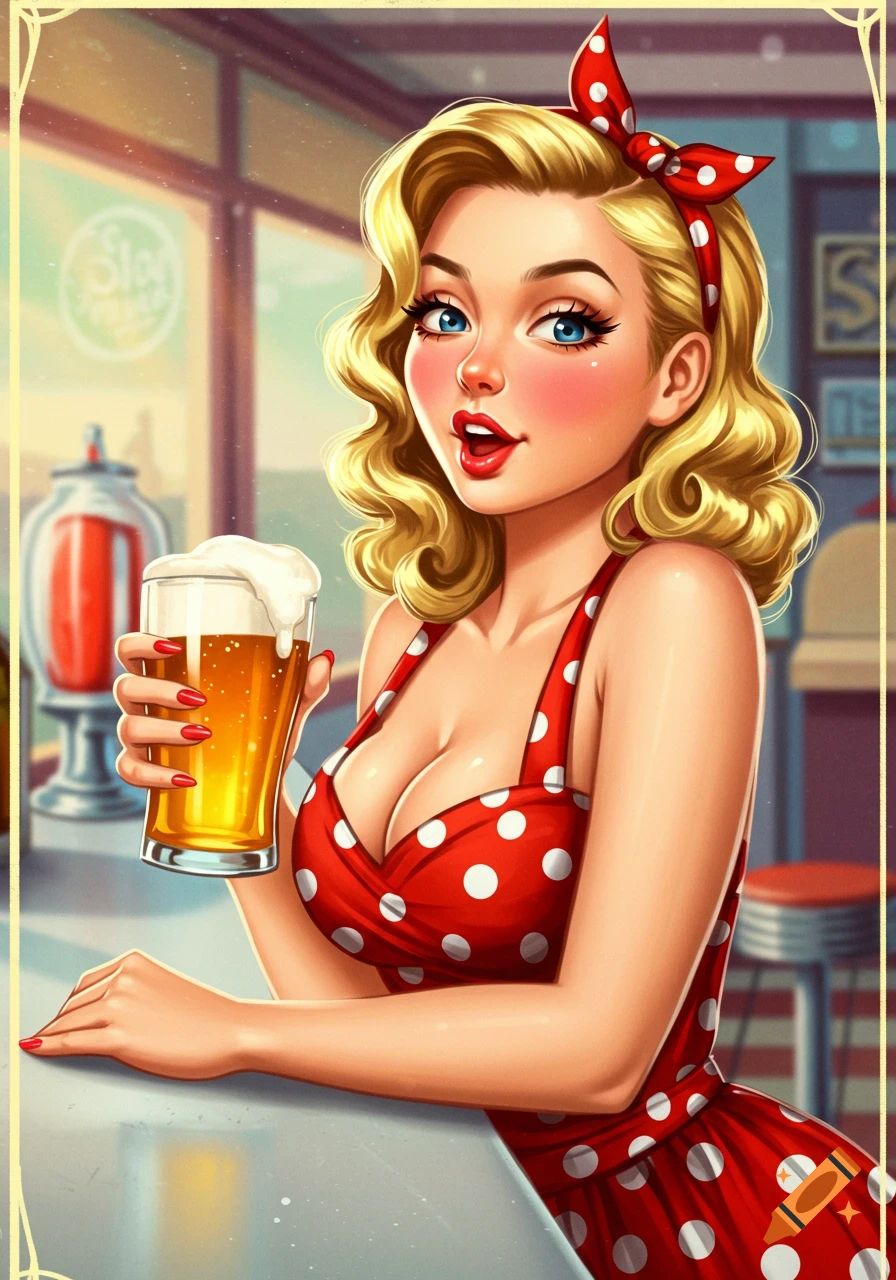 Vintage cartoon pinup woman in red polka dot dress holding a beer.