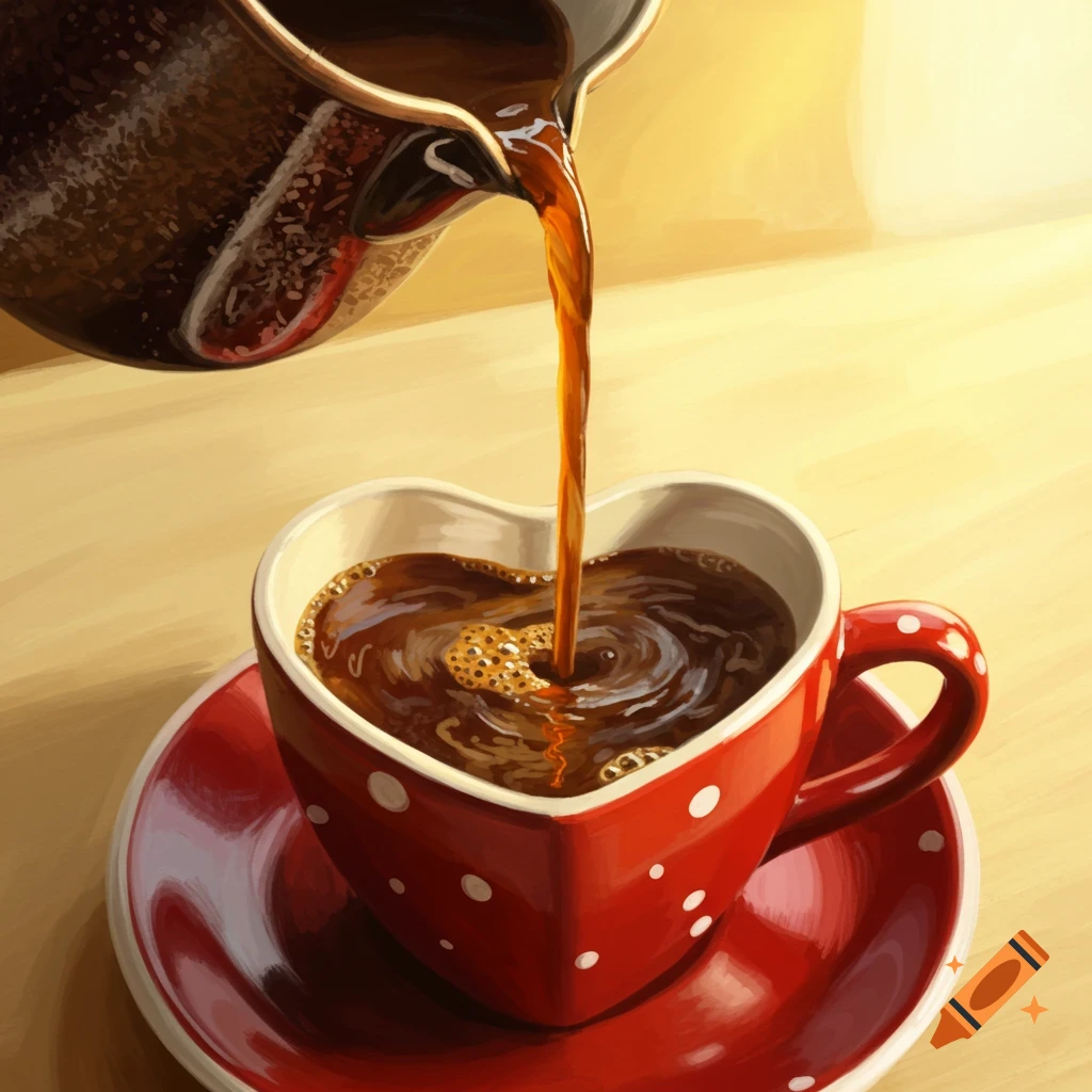 Coffee is poured from a pot into a red heart-shaped cup on a saucer.