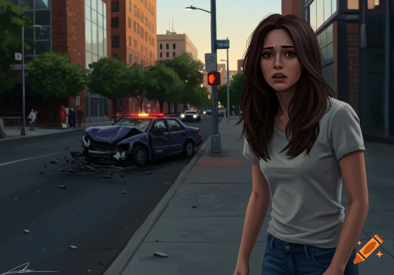 A woman looks distressed at a wrecked police car after an accident on a city street, digital painting.