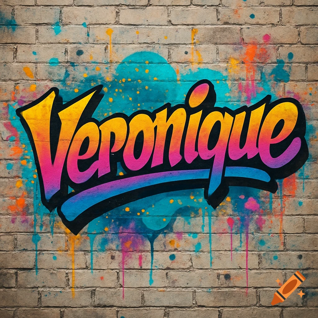 Colorful graffiti art saying 'Veronique' on a brick wall with paint splatters and drips.