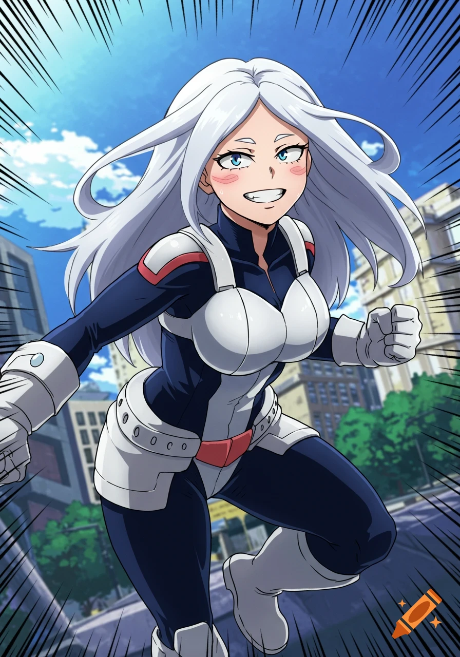 A white-haired female anime hero in a dark blue and white suit runs forward in a city.
