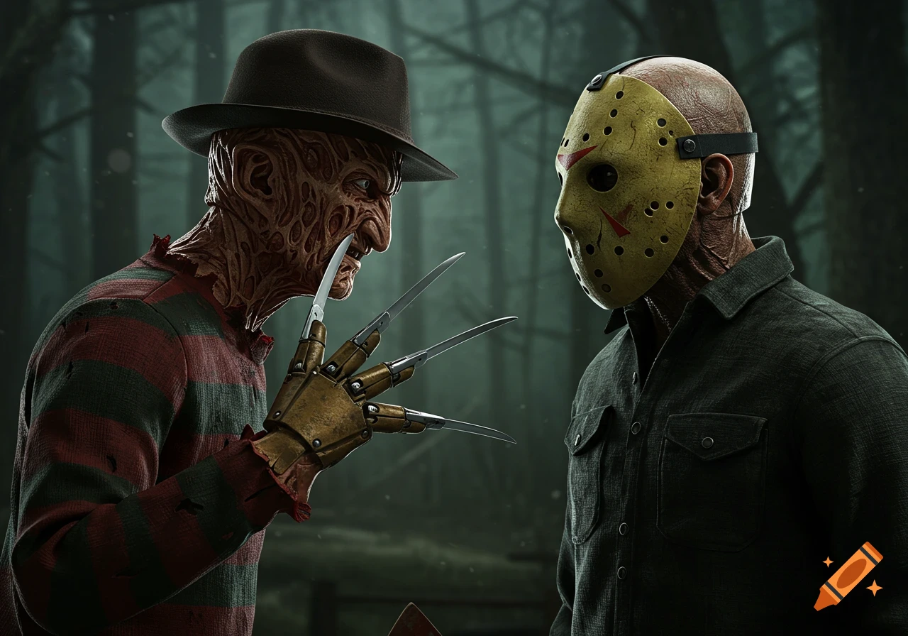 Realistic photo of Freddy Krueger and Jason Voorhees facing each other.