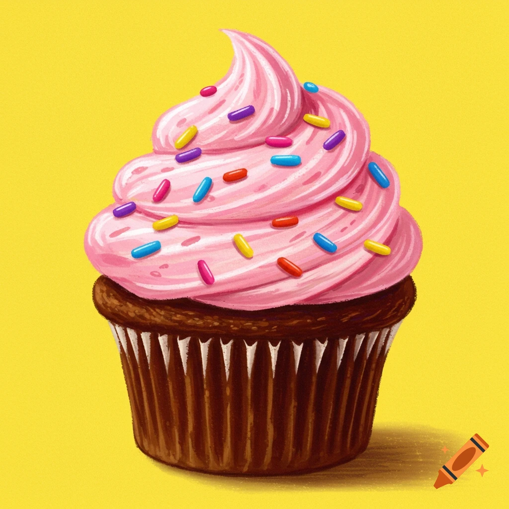 A drawing of a single cupcake with pink frosting and colorful sprinkles on a yellow background, rendered in a crayon style.