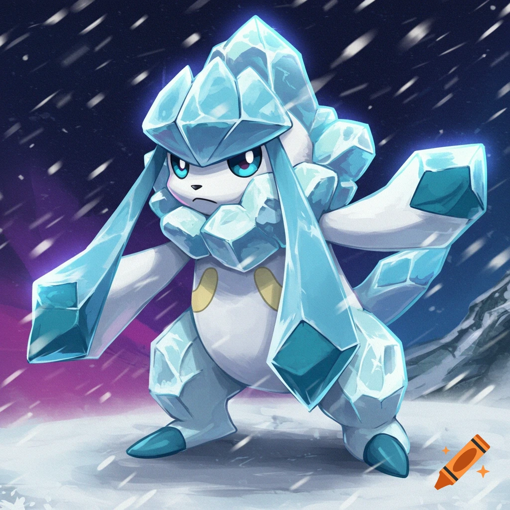 An ice crystal creature stands in a snowy landscape with falling snow. It resembles a Pokemon character.