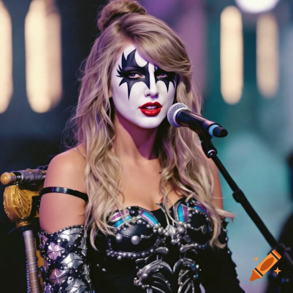 Taylor Swift wearing KISS band makeup and a concert costume while standing at a microphone.