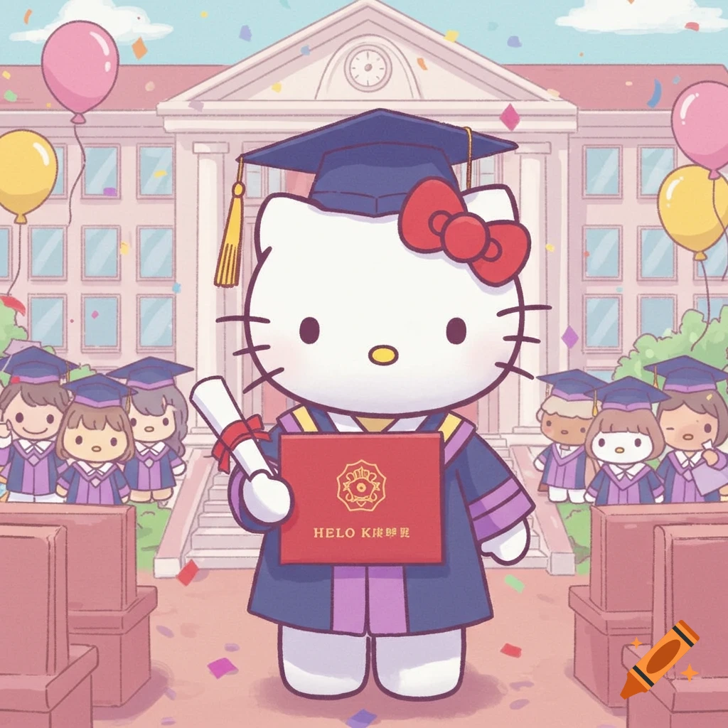 Hello Kitty in a graduation cap and gown holds a diploma in front of a school building with balloons and other cartoon students.