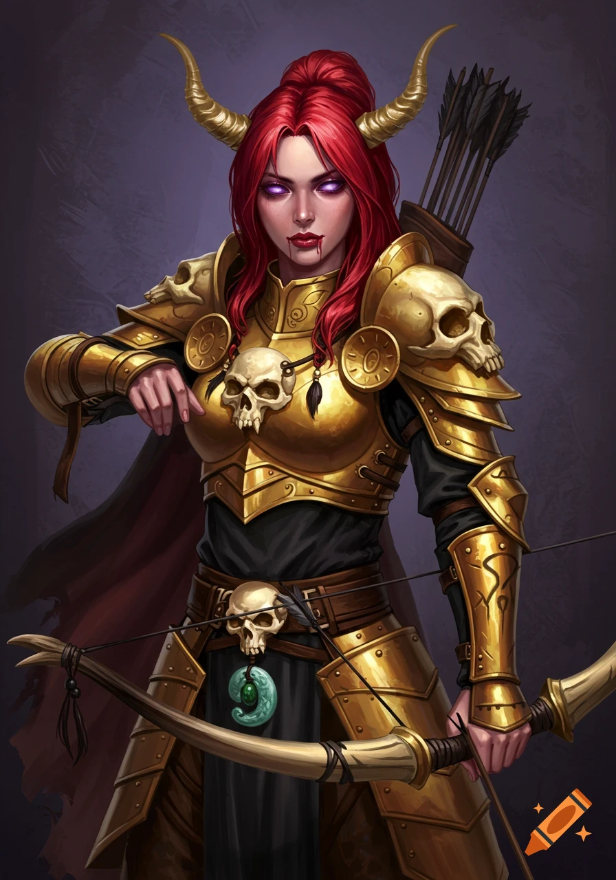 Fantasy illustration of a red-haired female warrior with horns, violet eyes, and golden skull armor, holding a bow.
