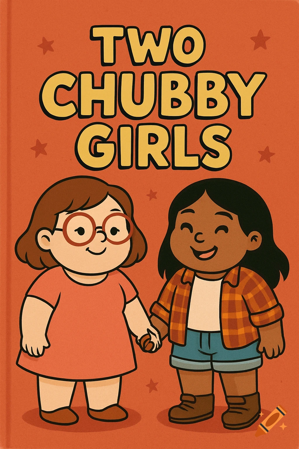 A cartoon illustration of a book cover with the title "TWO CHUBBY GIRLS" above two cartoon girls holding hands.