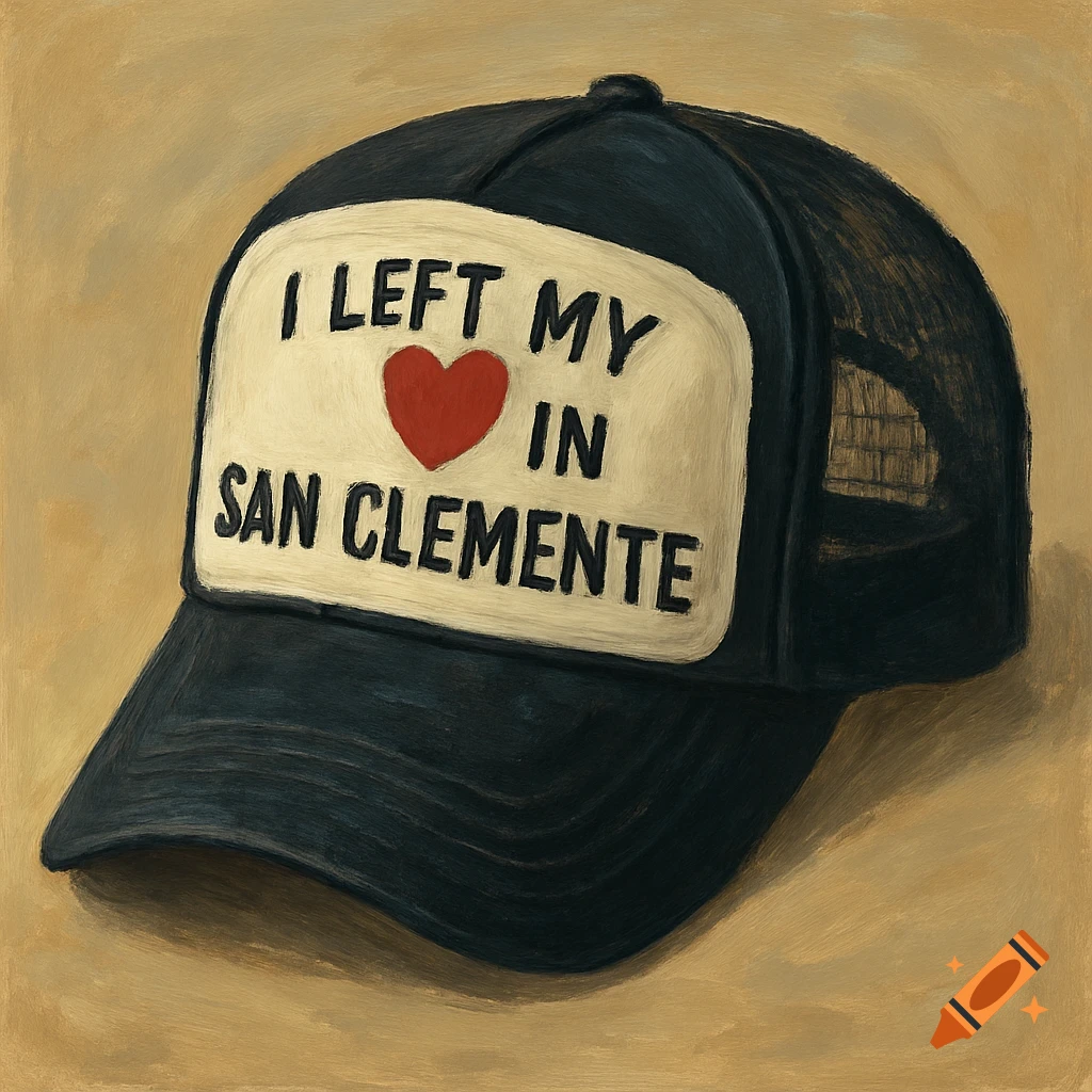 A painted image of a black trucker hat with "I LEFT MY IN SAN CLEMENTE" on a white patch.