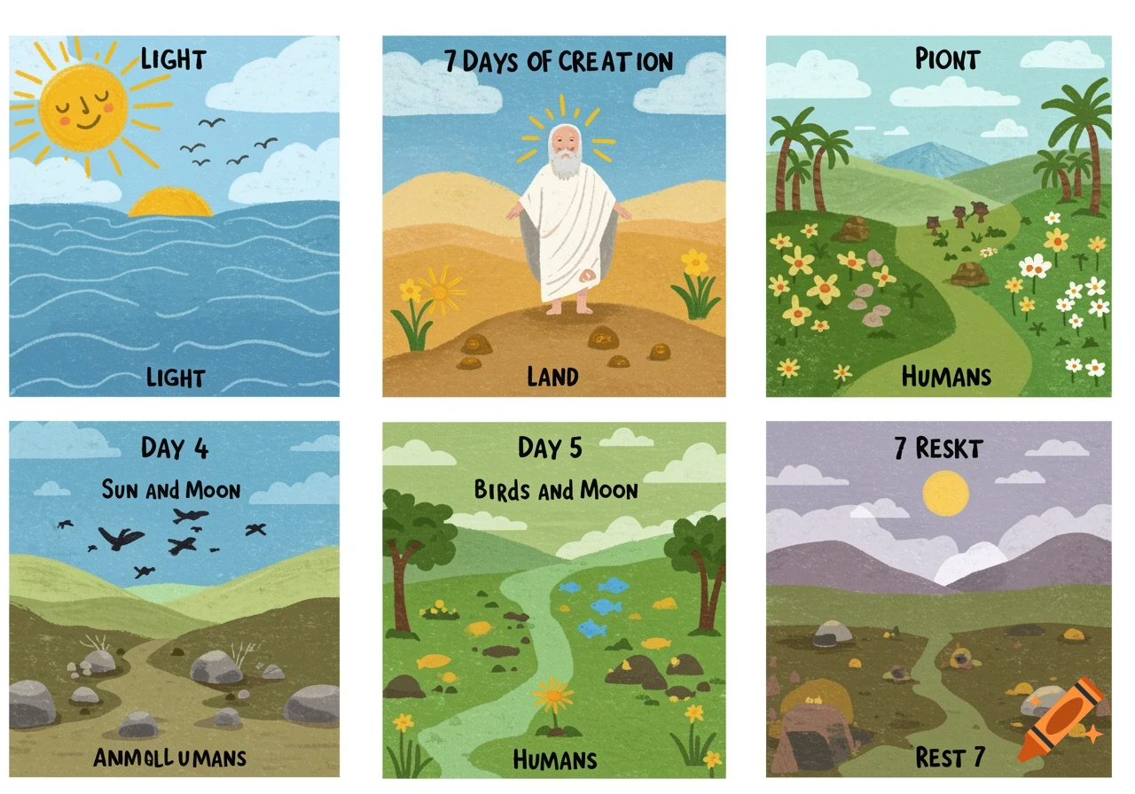 Six panels illustrating the days of creation in a simple, kid-friendly style. Includes scenes of light, the creator figure, landscape with trees and flowers, birds, fish, and a resting sun.
