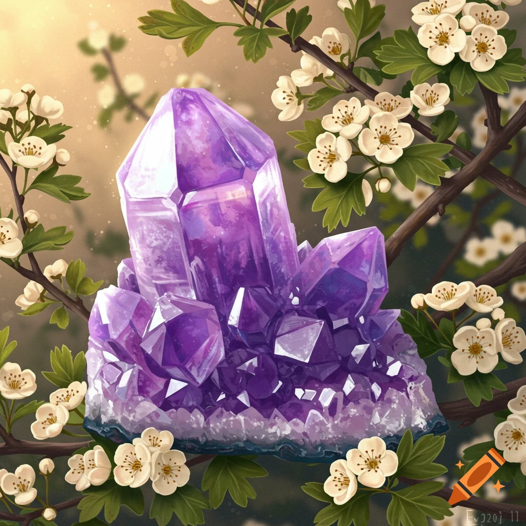 An illustration of a purple amethyst crystal cluster nestled among branches with white hawthorn flowers.