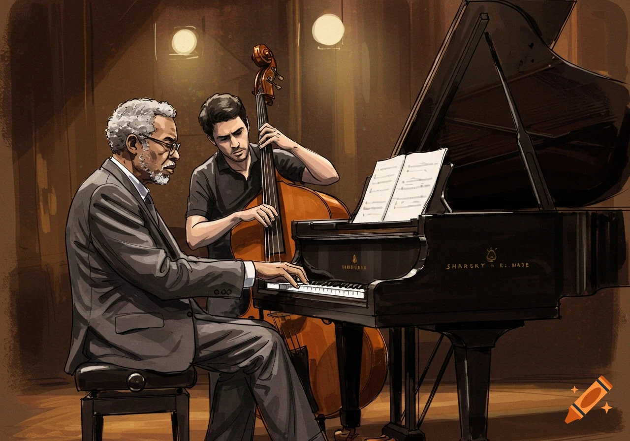 Illustration of a jazz duo playing piano and upright bass in a dimly lit setting.