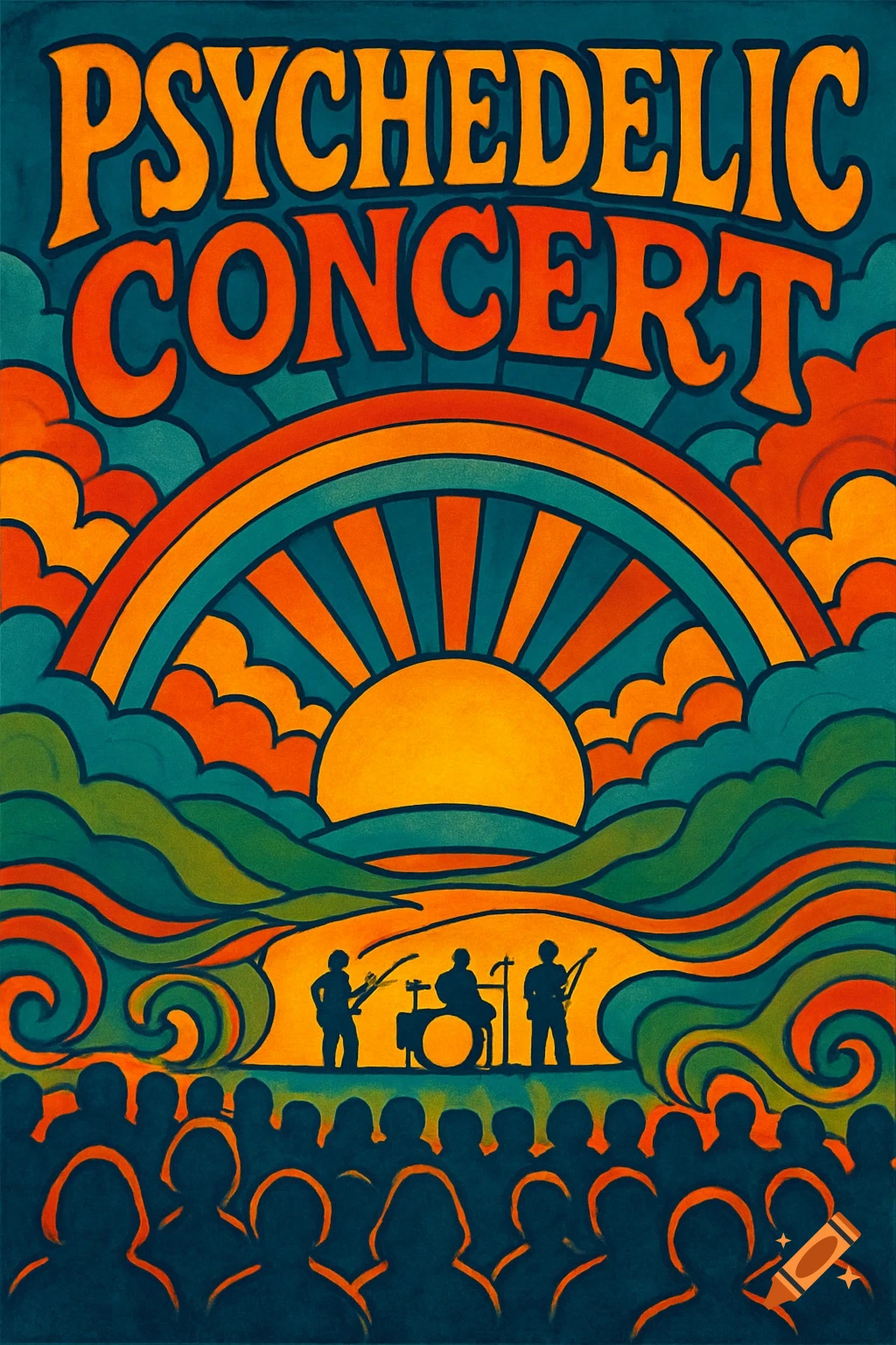Psychedelic concert poster with sun, rainbow, band, and crowd.