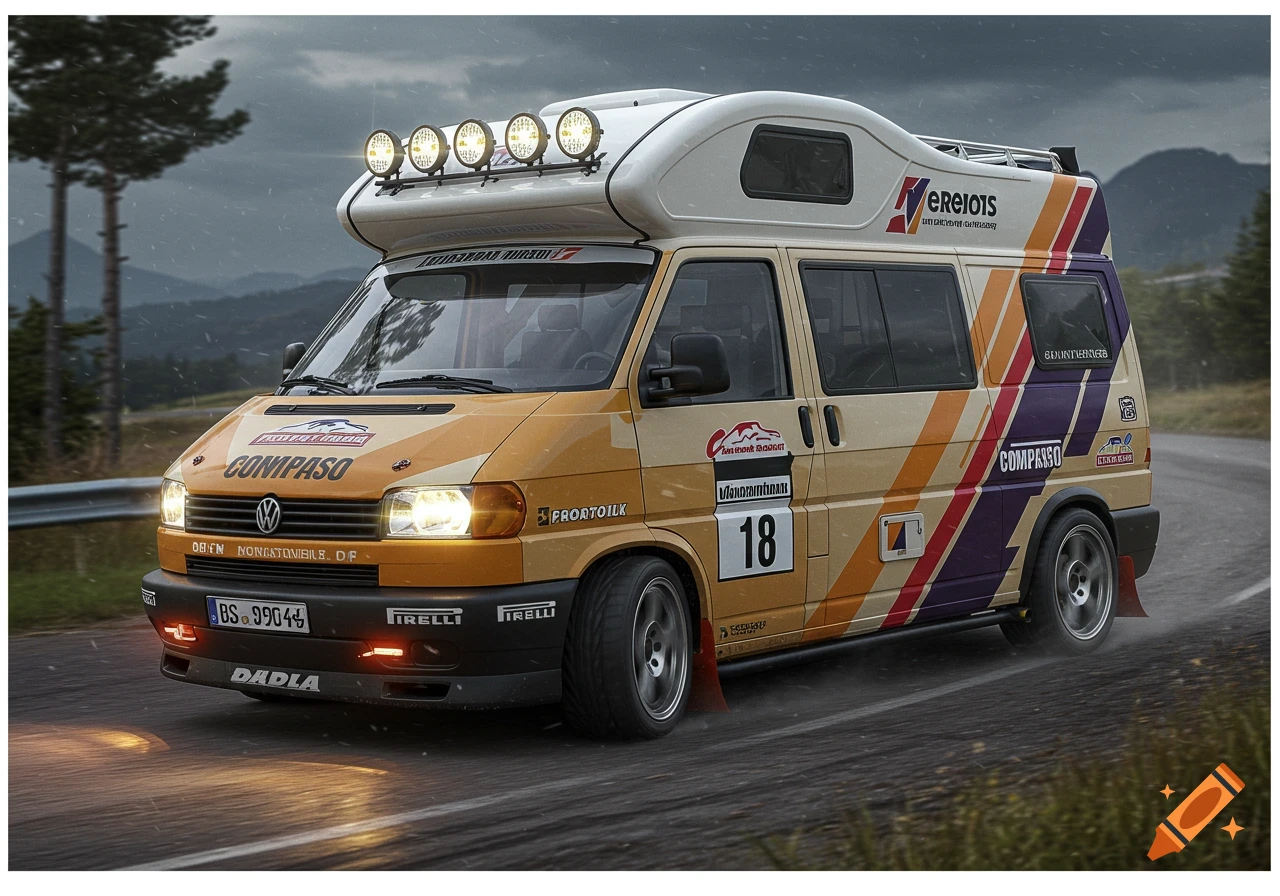 A yellow and purple Volkswagen camper van in rally style drives on a road.