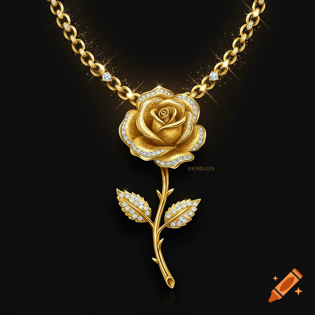 A close-up shot of a gold rose necklace pendant adorned with diamonds, on a black background.