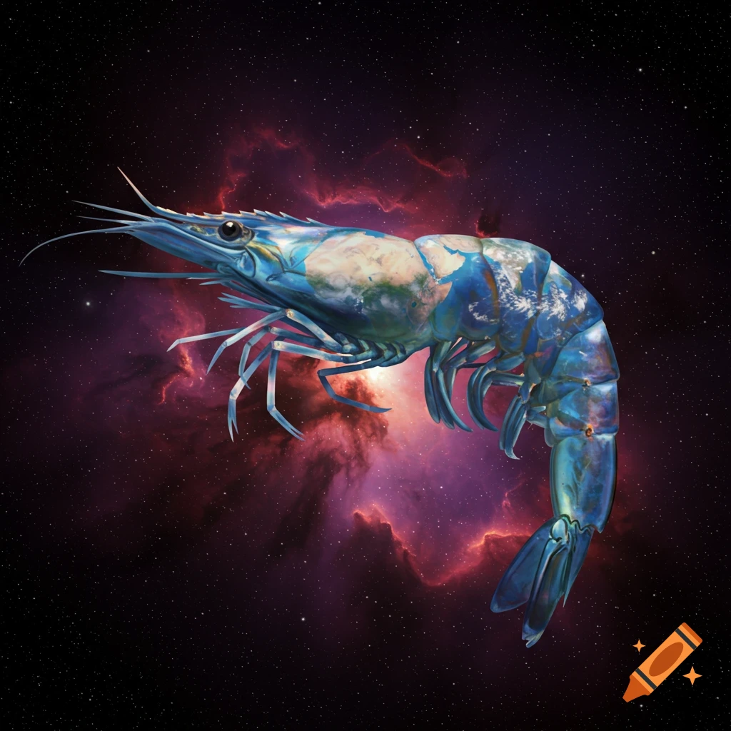 A large shrimp with continents mapped onto its body floats in space against a nebula.