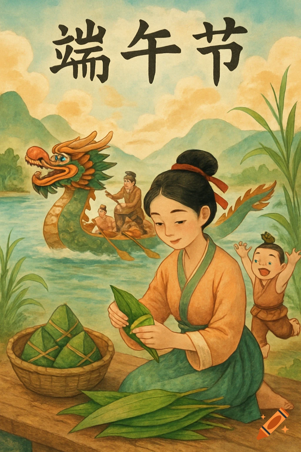 Traditional painting of Dragon Boat Festival with a woman making zongzi, a child, and a dragon boat race in the background. Chinese text at top.