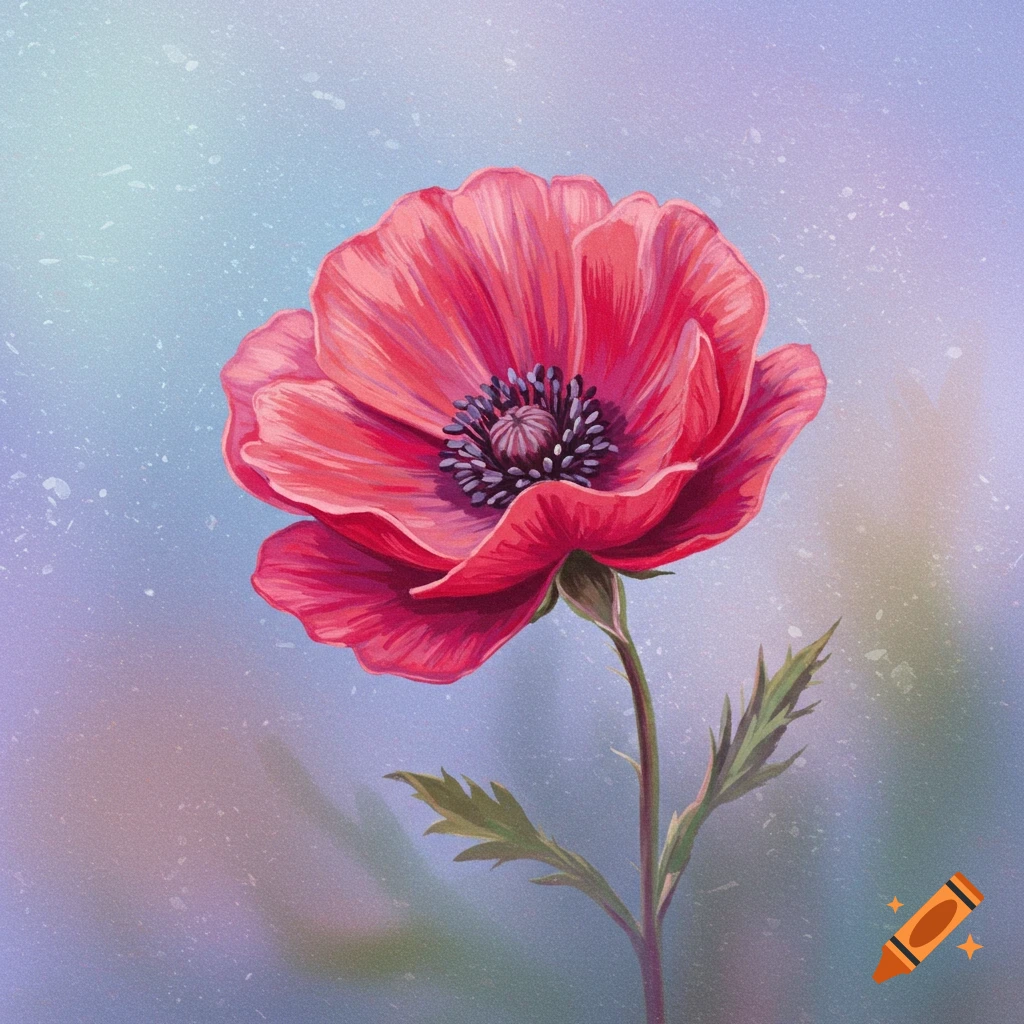 An illustration of a single red poppy flower on a speckled blue and purple background.