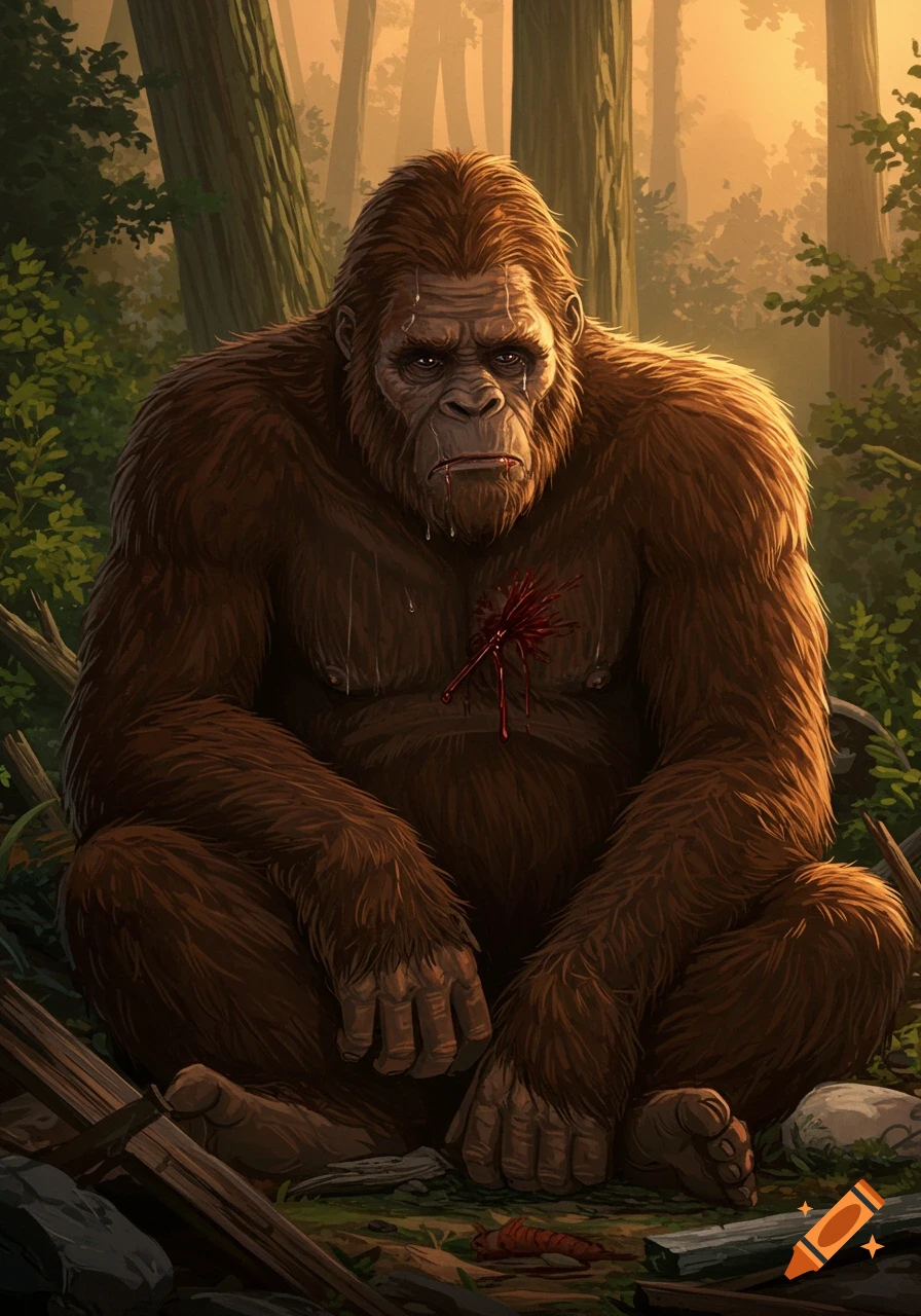 Illustration of a crying Bigfoot with a bloody wound on its chest, sitting in a forest.