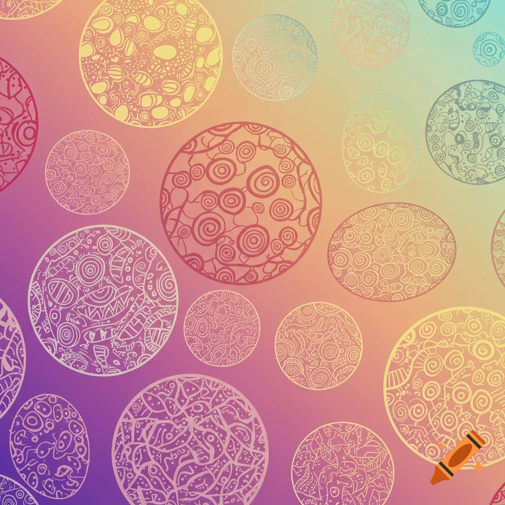 Seamless pattern of circles filled with intricate zentangle-like designs on a gradient background.