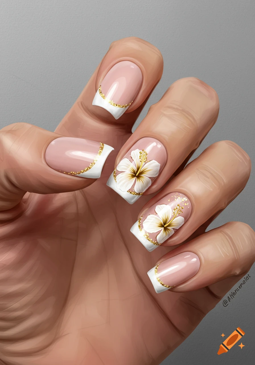 Hand with short French tip nails, gold detailing, and white hibiscus flowers on the ring and middle fingers.