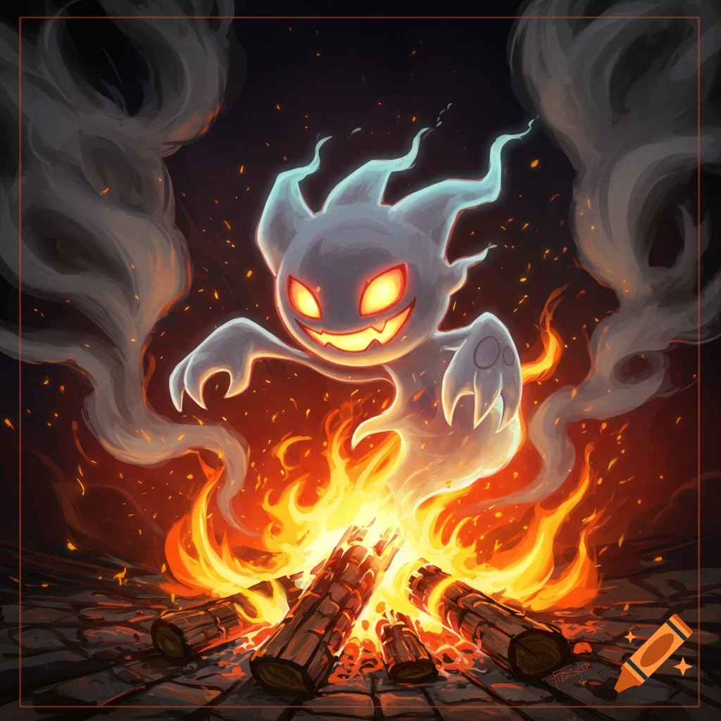 A cartoon ghost character with glowing red eyes floats above a crackling campfire.