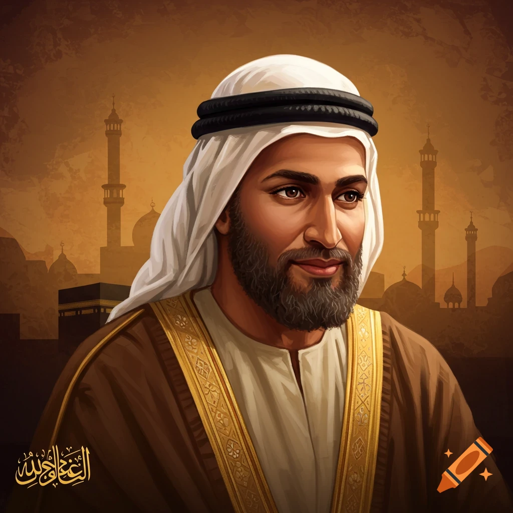 A man in traditional Middle Eastern attire is depicted in a digital painting against a background of mosques.